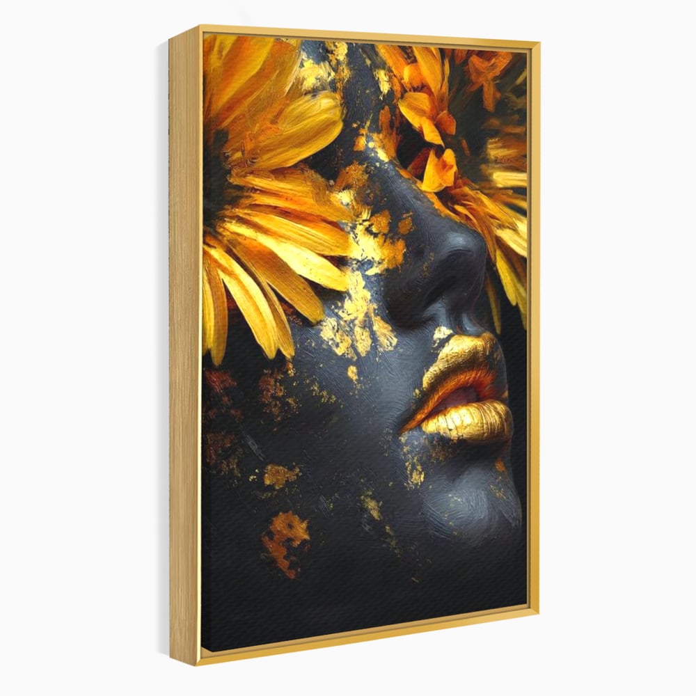 Tablou canvas cu tablou canvas cu portret feminin si foita aurie, in rama de aluminiu auriu